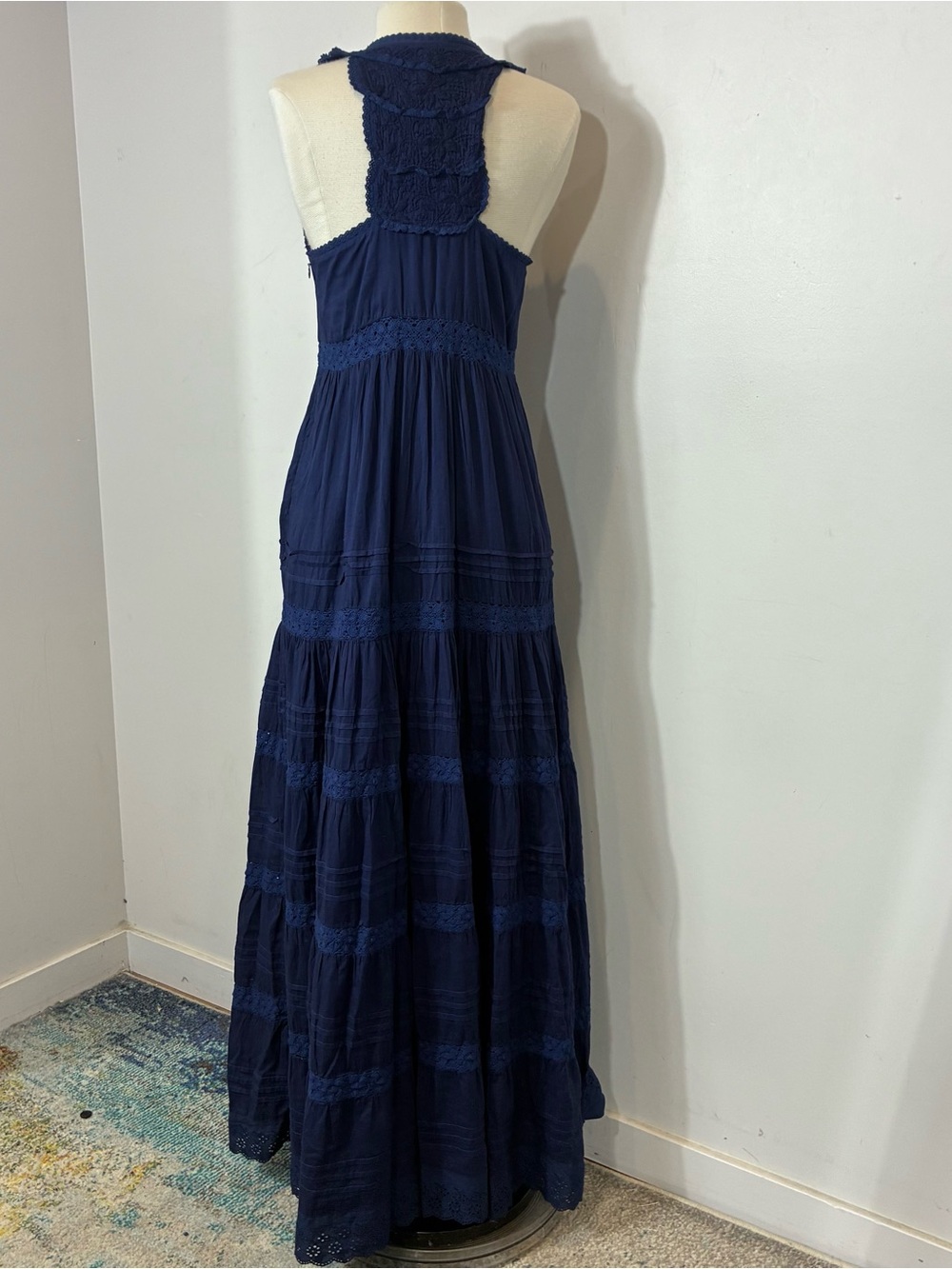 Roller Rabbit Navy Blue Persephone Dress Small Embroidered Lace Tiered Maxi S - Picture 8 of 12